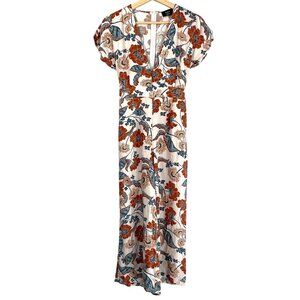 VICI Women's Floral V-neck Jumpsuit White Blue Orange Size M Pockets